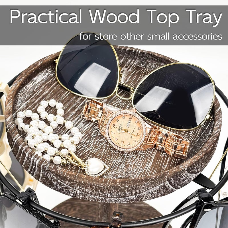 LingLingo Sunglasses Organizer 360° Rotating Eyeglass Holder Stand with Wood Tray and Base, Eye Glass Display Rack for Multiple Sunglass Storage for Table Dresser Nightstand Desk (Retro Coffee) - Image 4
